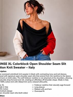 MONSE XL Colorblock Cotton Knit Sweater Open Shoulder Seam Slit Italy